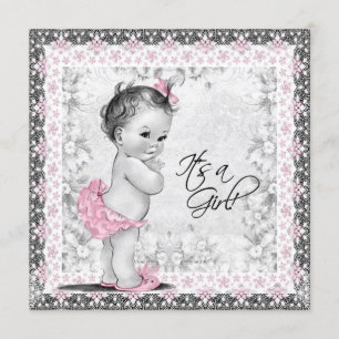 Rosa und graue Vintage Kindermädchendusche Einladung