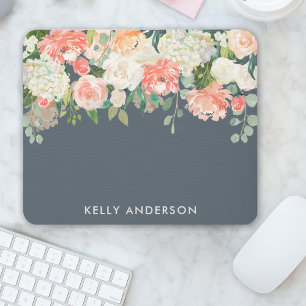Rosa und Graue Wasserfarben Blumen mit Ihrem Namen Mousepad