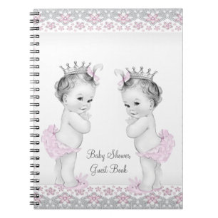 Rosa und Graue Zwillinge Baby Shower Gästebuch Notizblock