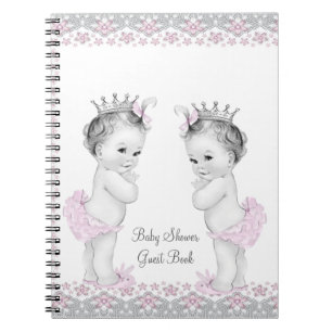 Rosa und Graue Zwillinge Baby Shower Gästebuch Notizblock