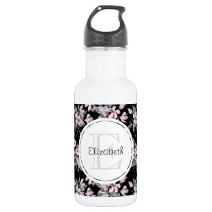 Rosa und graues florales Wasserfarb-Muster-Monogra Edelstahlflasche
