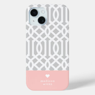 Rosa und graues Gitter-Herz-Monogramm Case-Mate iPhone Hülle