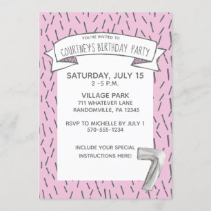 Rosa und Gray Balloon Girls 7. Geburtstagsparty Einladung