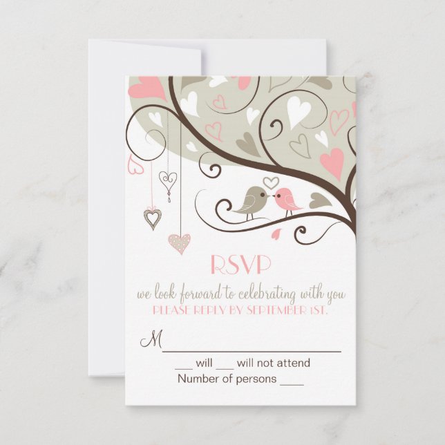 Rosa und Gray Lovebird UAWG Wedding Card lädt ein RSVP Karte (Vorderseite)