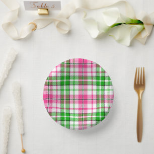Rosa und Grün auf weißem Karo-Tartan-Muster Pappteller
