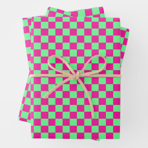 Rosa und grün kariertes Druckmuster Geschenkpapier Set