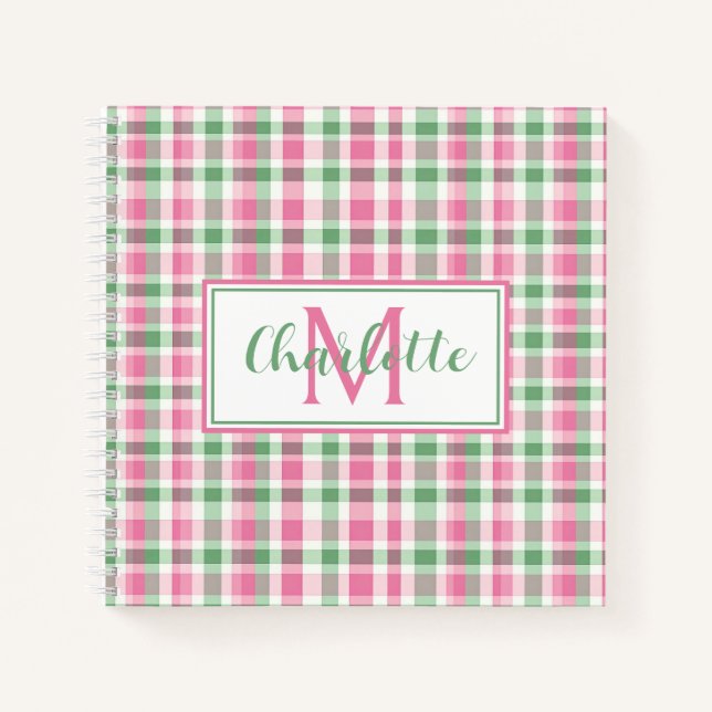 Rosa und grün kariertes Monogramm im Prepper-Stil Notizbuch (Vorderseite)
