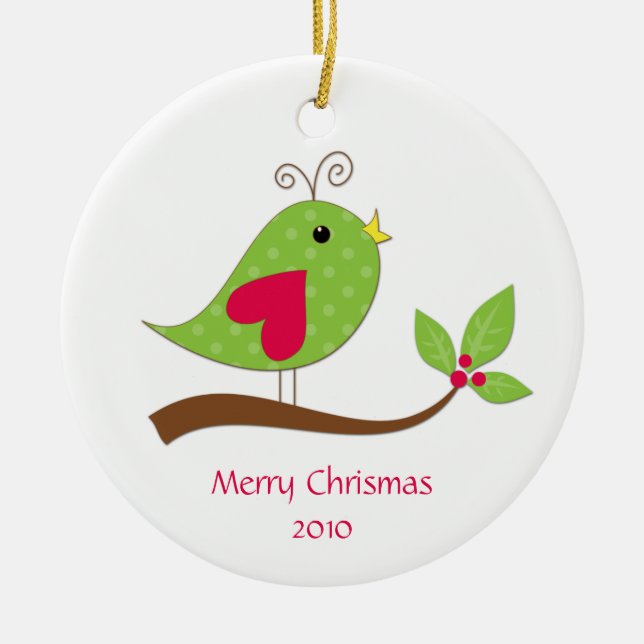 Rosa und grün Polka Dot Love Bird auf dem Zweig Keramik Ornament (Vorne)