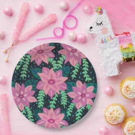 Rosa und grüne Abstrakte Blumendrucke Pappteller