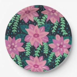 Rosa und grüne Abstrakte Blumendrucke Pappteller