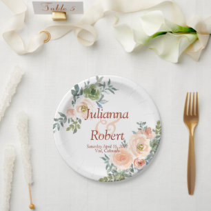 Rosa und grüne Aquarell-Blumen-Hochzeitspapier Pappteller