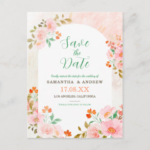 Rosa und grüne Aquarellfarben Save the Date Ankündigungspostkarte