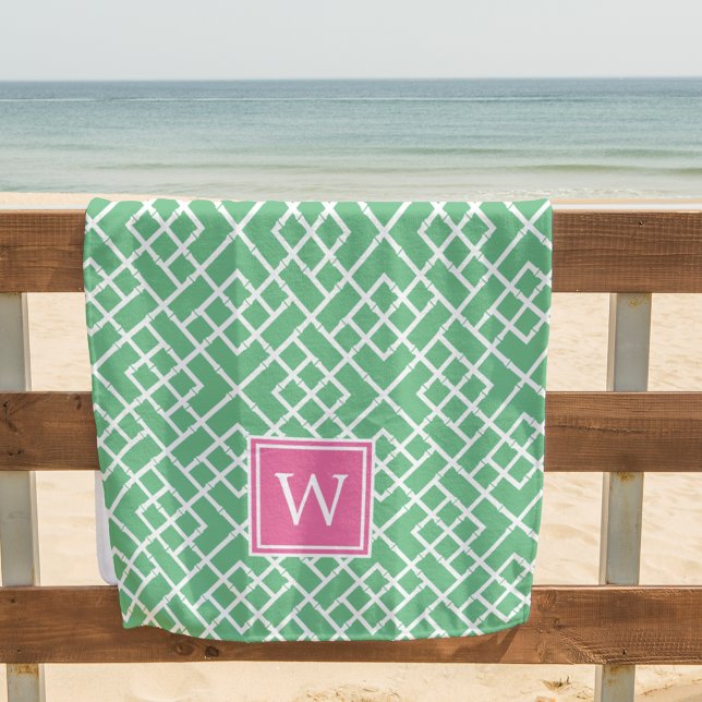 Rosa und grüne Bambus-Gittermuster-Monogramm Strandtuch (Von Creator hochgeladen)