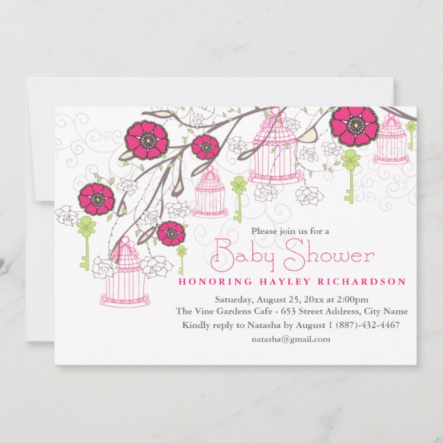 Rosa und grüne Birdcage Kinderdusche Einladung (Vorderseite)