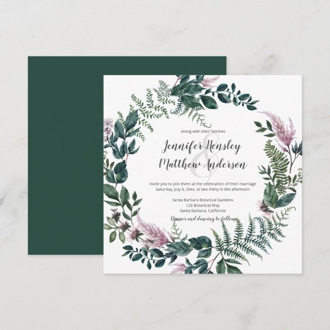 Rosa und grüne Blätter Stems Ferns Wreath | Einladung (Vorne/Hinten)