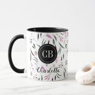 Rosa und grüne Blätter und Obst Monogramm und Name Tasse