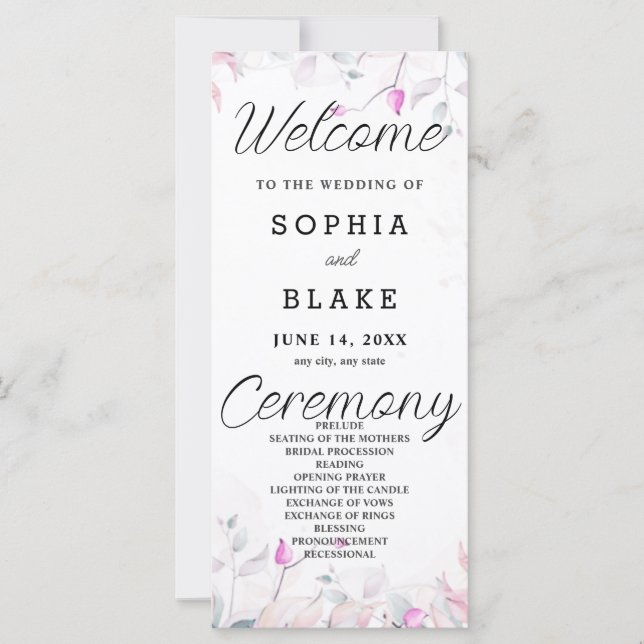 Rosa und grüne Blätter Weißes Hochzeitsprogramm (Vorderseite)