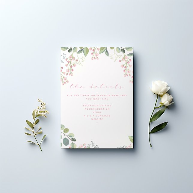 Rosa und grüne Blume, elegante Details Begleitkarte (Pretty wedding the details information card with pink flowers and olive branches.)