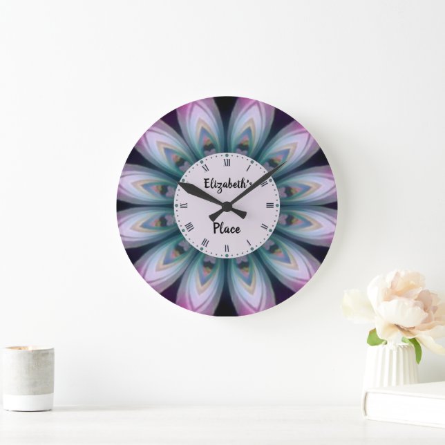 Rosa und grüne Blume Mandala Große Wanduhr (Zuhause)