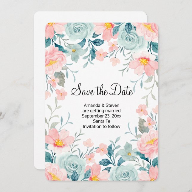 Rosa und grüne Blumengrenze Elegante Hochzeit Save The Date (Vorne/Hinten)