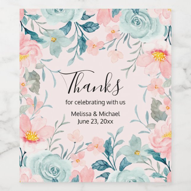 Rosa und grüne Blumenrahmen Weinetikett (Einzelnes Label)