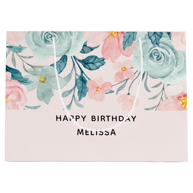 Rosa und grüne Blumenrinde Geburtstag Große Geschenktüte (Vorderseite)