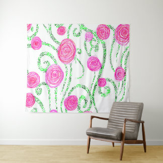Rosa und grüne Blüten Wandteppich