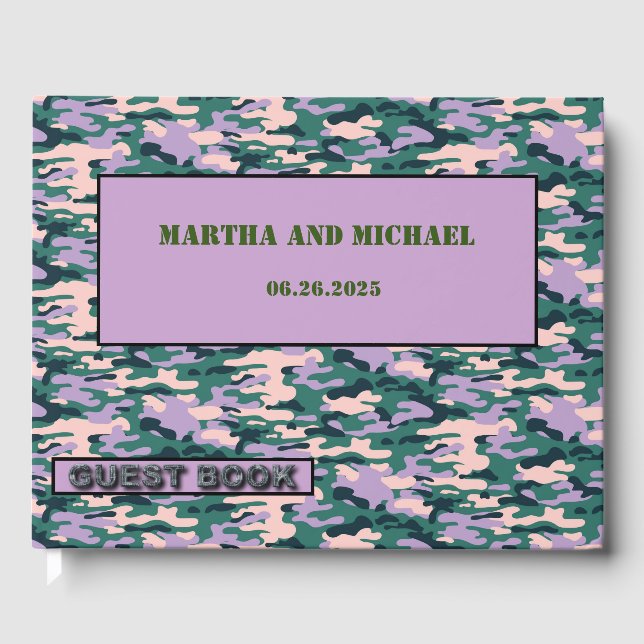 Rosa und grüne Camouflage Hochzeitshaus Gästebuch (Vorderseite)
