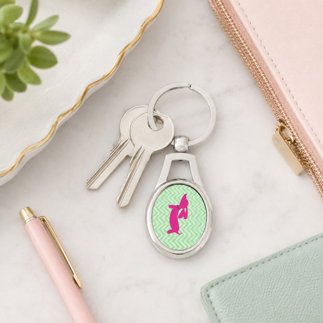 Rosa und grüne Dackel-Schlüsselring Schlüsselanhänger (Dachshund Pink and Green Key Ring)