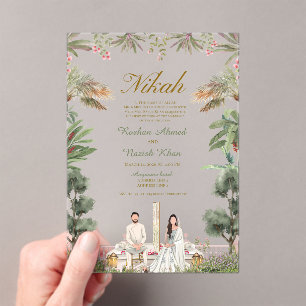 Rosa und grüne florale muslimische Hochzeit Acryleinladungen