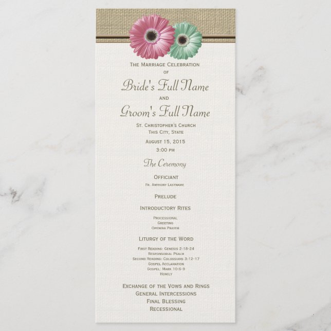 Rosa und grüne Gerbera Daisy Wedding Programm (Vorderseite)