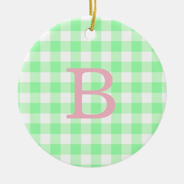 Rosa und grüne Gingham Monogram Keramik Ornament (Vorne)