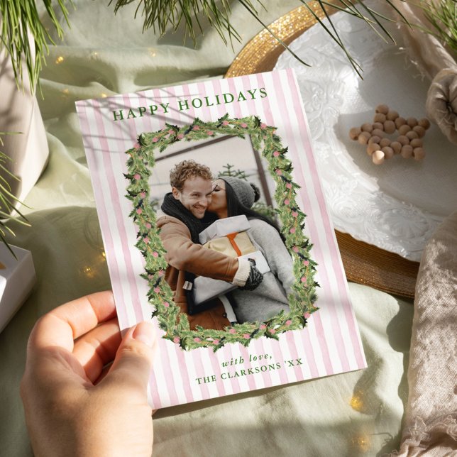 Rosa und grüne Grandmillennialer Kranz Feiertagskarte (Von Creator hochgeladen)