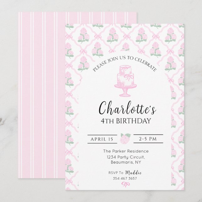 Rosa und grüne Hortensien-Terrasse mit Schleifen Einladung (Vorne/Hinten)