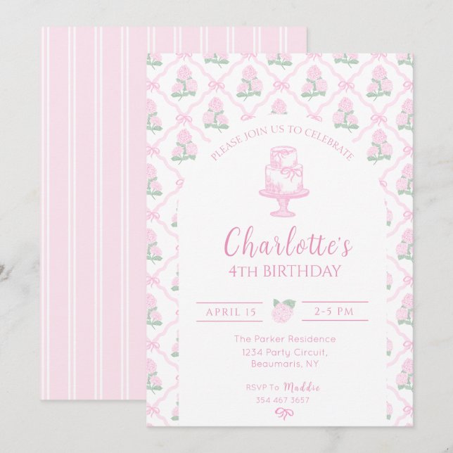 Rosa und grüne Hortensien-Terrasse mit Schleifen Einladung (Vorne/Hinten)