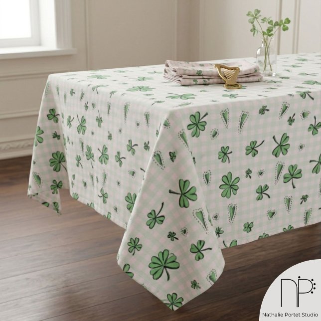 Rosa und grüne Kids St Patricks Day Tischdecke (Hand drawn pink and green clover checkered tablecloth for a girly St Patricks Day party)