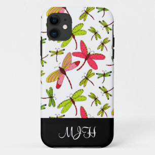 Rosa und grüne Libellen-Monogramm-Initialen iPhone 11 Hülle