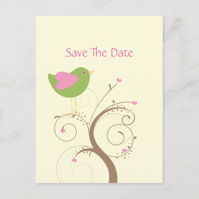 Rosa und grüne Lovebird und Herz Save the Date Ankündigungspostkarte (Vorderseite)