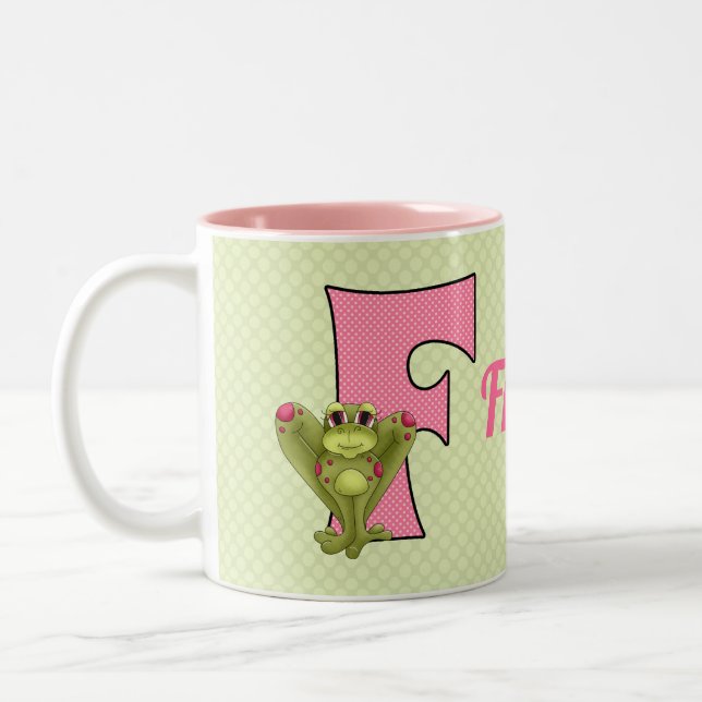 Rosa und grüne Monogramm Buchstaben F und Name Kin Zweifarbige Tasse (Links)