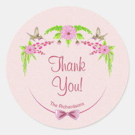 Rosa und grüne Nostalgische Blumenaufkleber Runder Aufkleber