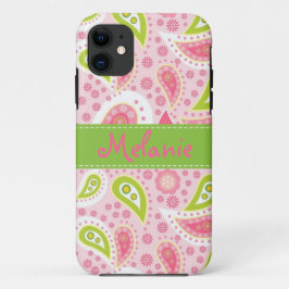 Rosa und grüne Paisley iPhone Monogramm-Gewohnheit 11 Hülle