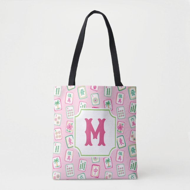 Rosa und grüne Palm Beach Mahjong-Kacheln Monogram (Vorderseite)