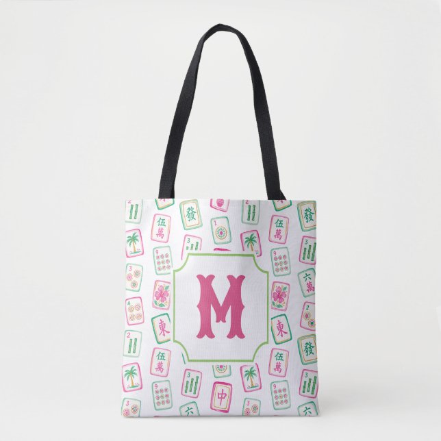 Rosa und grüne Palm Beach Mahjong-Kacheln Monogram (Vorderseite)