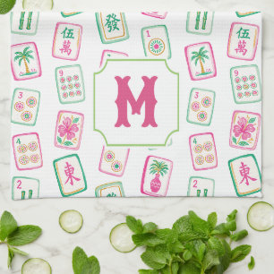 Rosa und grüne Palm-Beach-Mahjong-Kacheln-Monogram Geschirrtuch