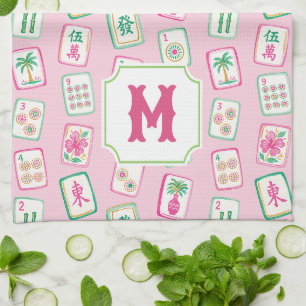 Rosa und grüne Palm-Beach-Mahjong-Kacheln-Monogram Geschirrtuch