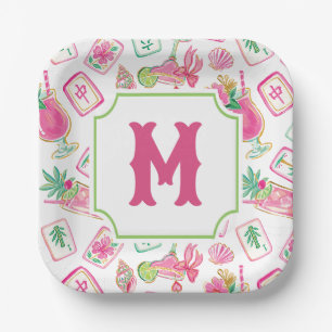 Rosa und grüne Palm Beach Mahjong & Mixers Monogra Pappteller