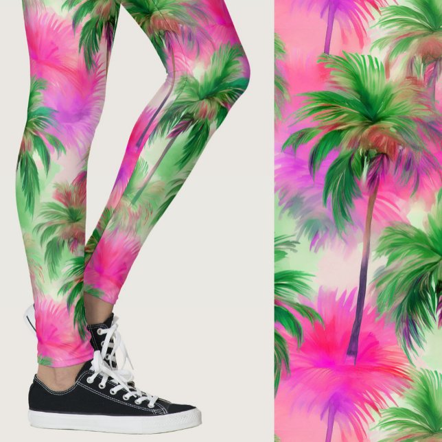 Rosa und grüne Palmenbäume Tropisches Muster Leggings (Von Creator hochgeladen)