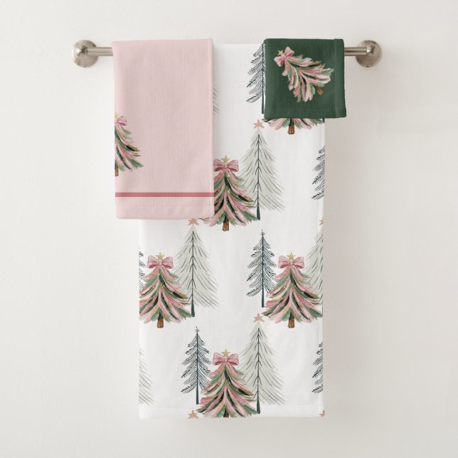 Rosa und grüne Pinselstrich-Weihnachtsbaum Badhandtuch Set (Insitu)