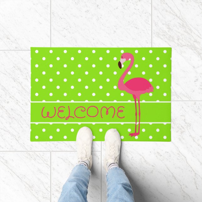 Rosa und grüne Polka Dot Flamingo Personalisiert Fußmatte (Indoor)
