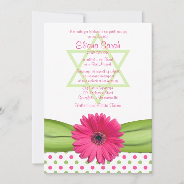 Rosa und grüne Polka Dots Bat Mitzvah Einladung (Vorderseite)
